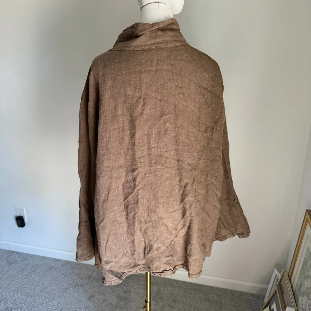 Bryn Walker Linen Button Down‎ Jacket Unique Collar Oversized Brown Top